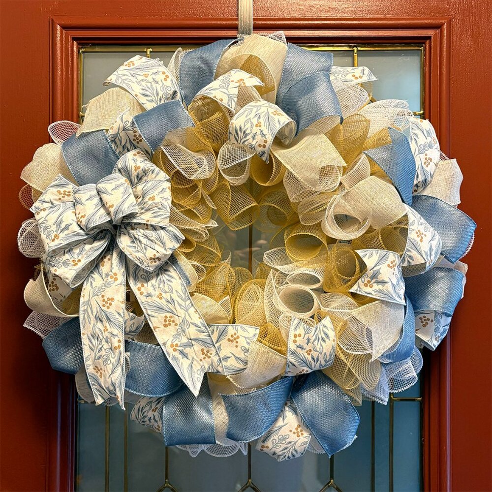 Blue, White and Tan Deco Mesh Christmas / Winter Wreath - 24 inch